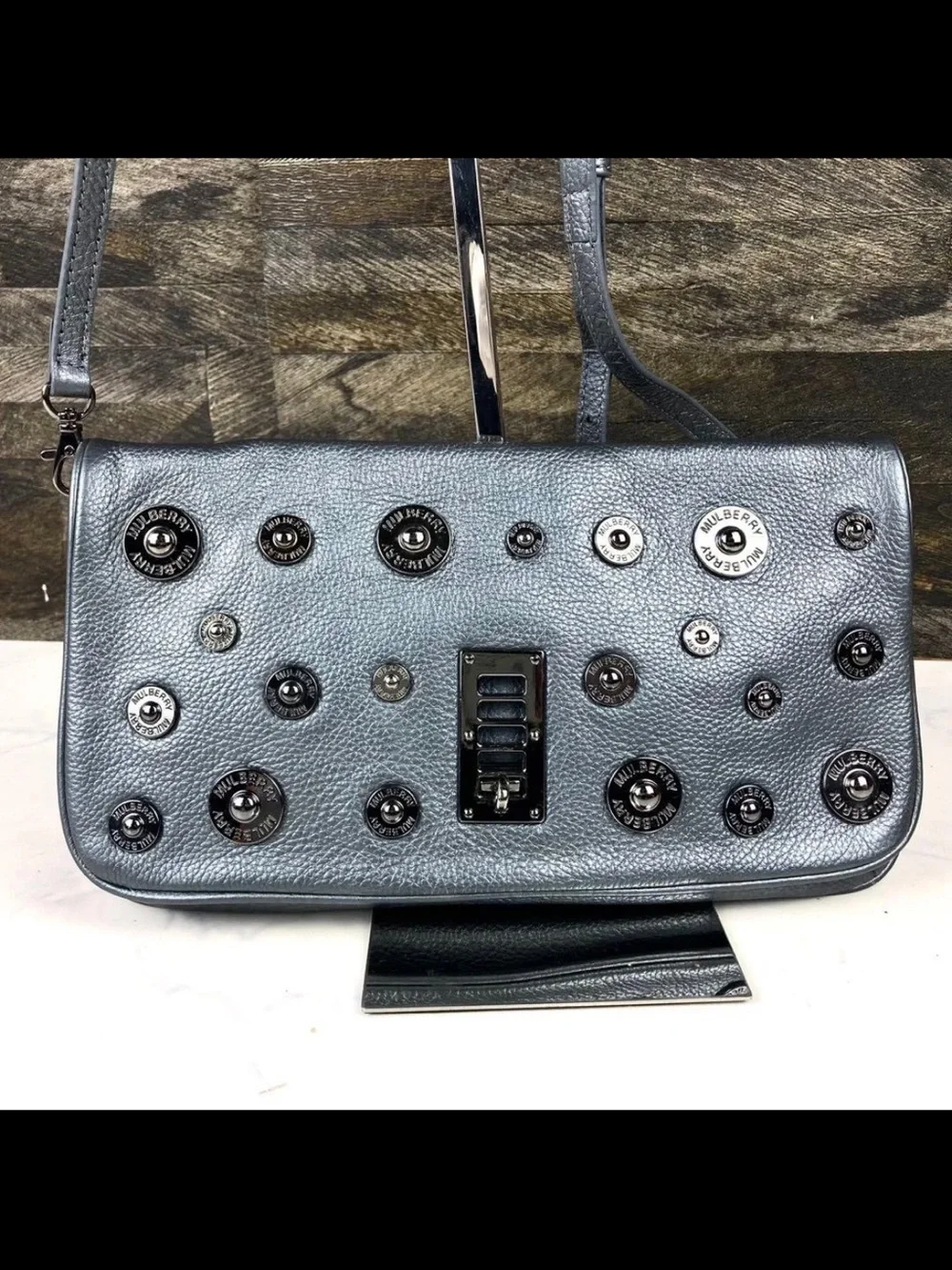 Mulberry Metallic Pewter Leather Shoulder Bag with Stud Embellishments